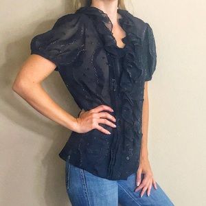 Carolina Herrera Black Shimmer Ruffle Blouse 8 M
